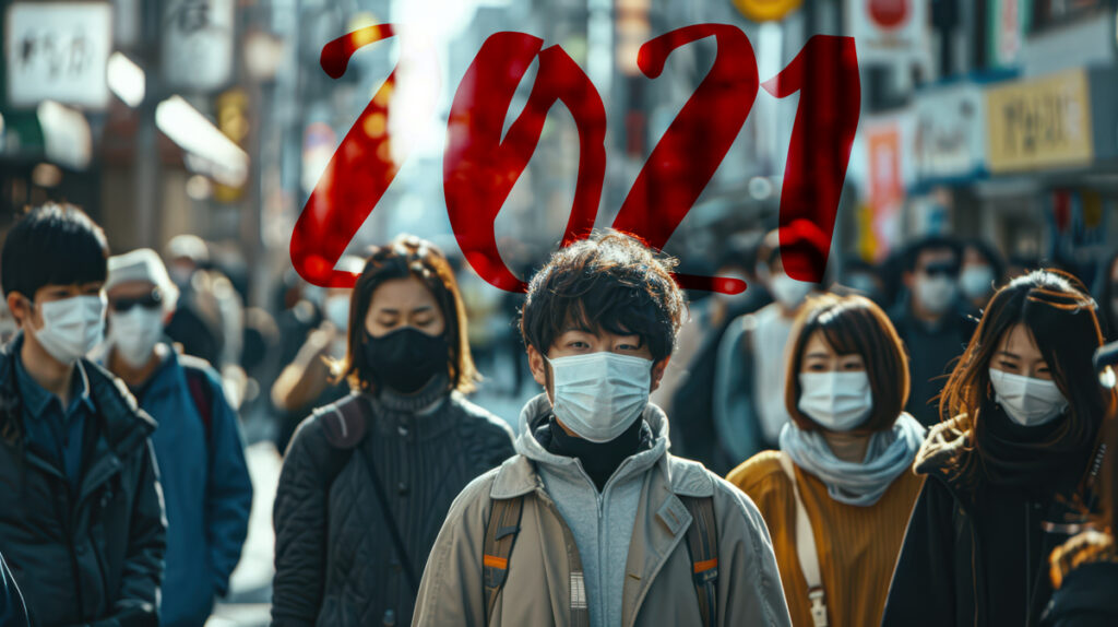 235642442 people wearing masks crowded city street